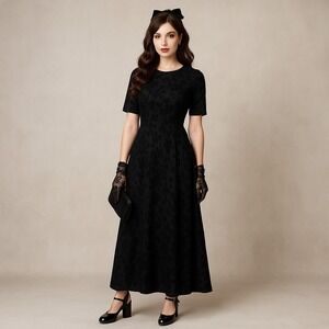 Vintage‎ Eve Adams Dress Womens L Black Floral Gothic Modest Elegant Dark Midi